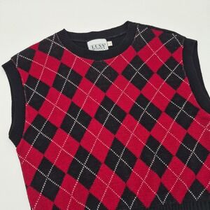 Vintage Russ Petites Red Black Argyle Sweater Vest Acrylic Knit Size L